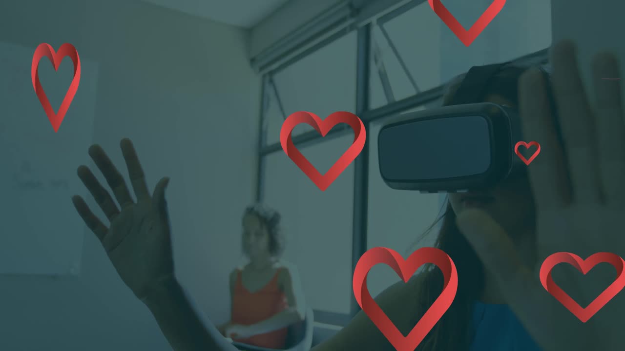 vr 헤드 ⁇ 을 사용하는 백인 여성 위에 떨어지는 마음의 애니메이션