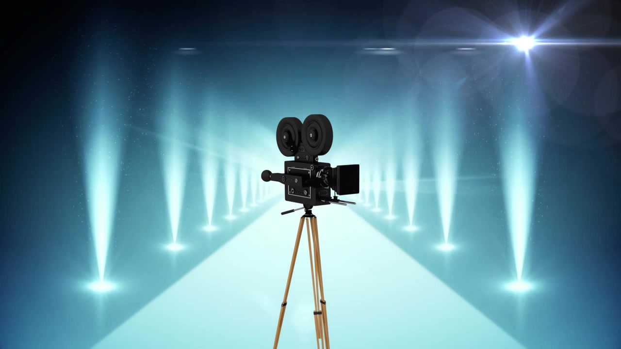 Animazione di una videocamera su un tappeto e luci illuminate che si muovono su uno sfondo astratto.