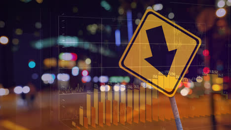 animation of financial data processing over road sign and cityscape