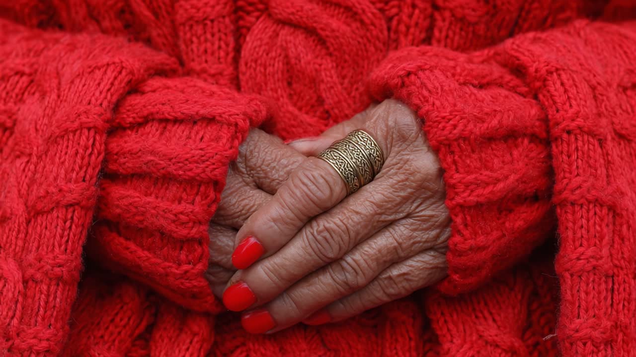 A Close-Up of Hands in a Cozy Red Knit Sweater, Featuring Bold Red Nails and Intricate Ring, Emphasizing Warmth and Personal Style