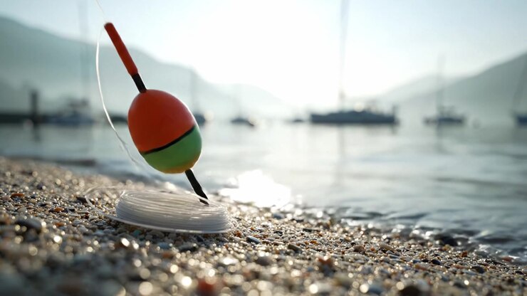 A Vibrant Fishing Bobber on the Shoreline at Dusk, Surrounded by Gentle Waves and Tranquil Mountains, Signifying a Peaceful Outdoor Experience