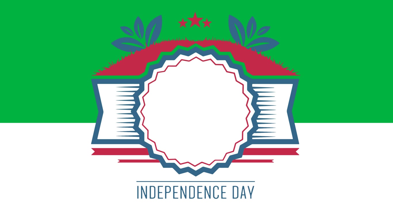 Animación digital de un banner de texto del Día de la Independencia con espacio para texto sobre un fondo blanco y negro