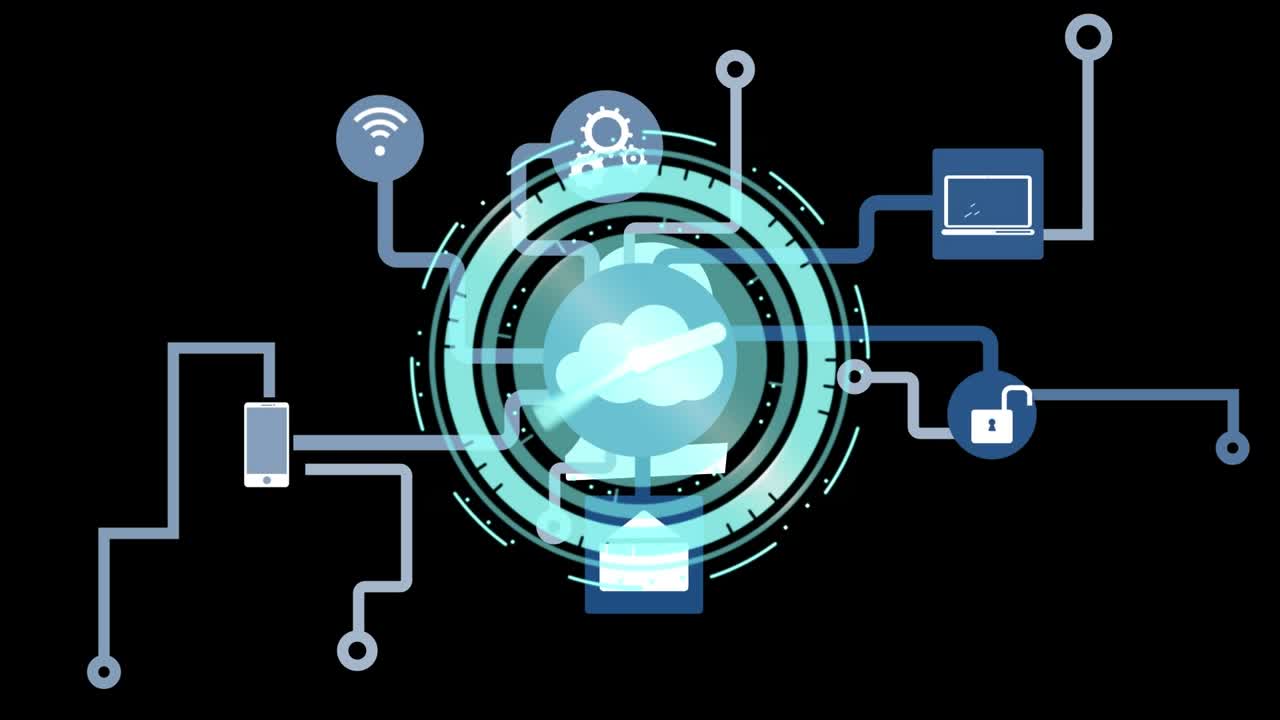Animation of scope scanning and clock over network of connections with icons