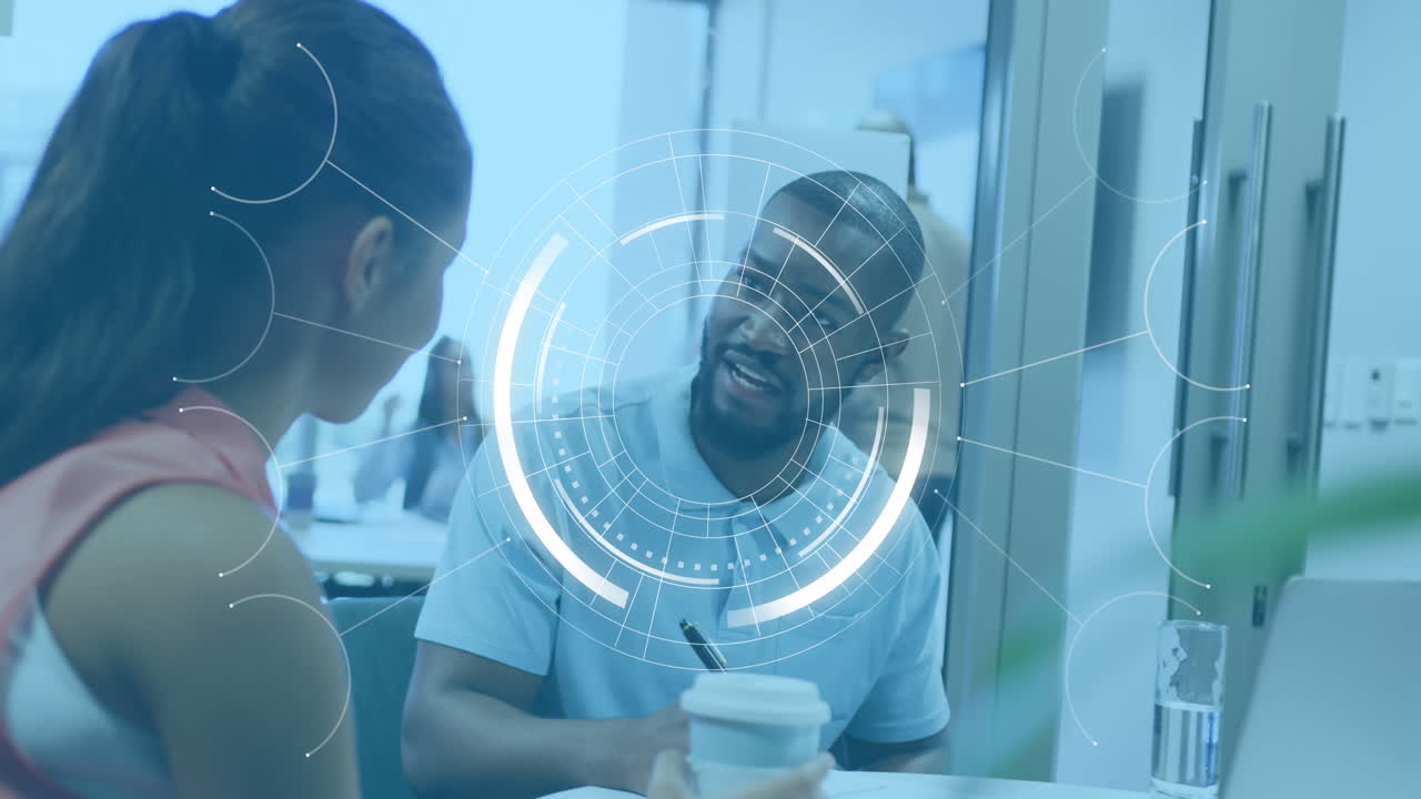 Animation of scope scanning over diverse business people having meeting at office