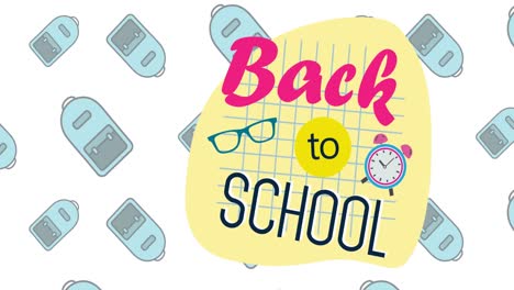 Animation-of-back-to-school-text-over-school-bags-and-icons