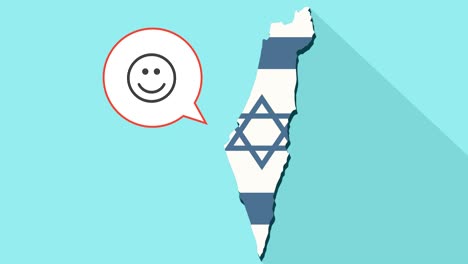 animation of a long shadow israel map with its flag and a comic balloon with smile emoji face