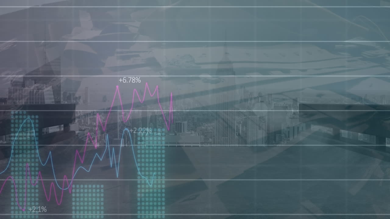 animación del procesamiento de datos estadísticos sobre una vista aérea del paisaje urbano frente al depósito de chatarra.