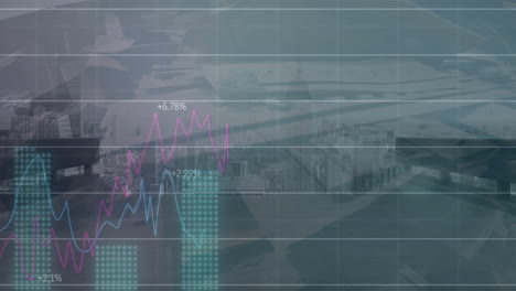 animation of statistical data processing over aerial view of cityscape against junkyard