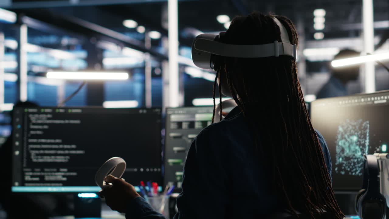 Data center technician using virtual reality tech and node tree software