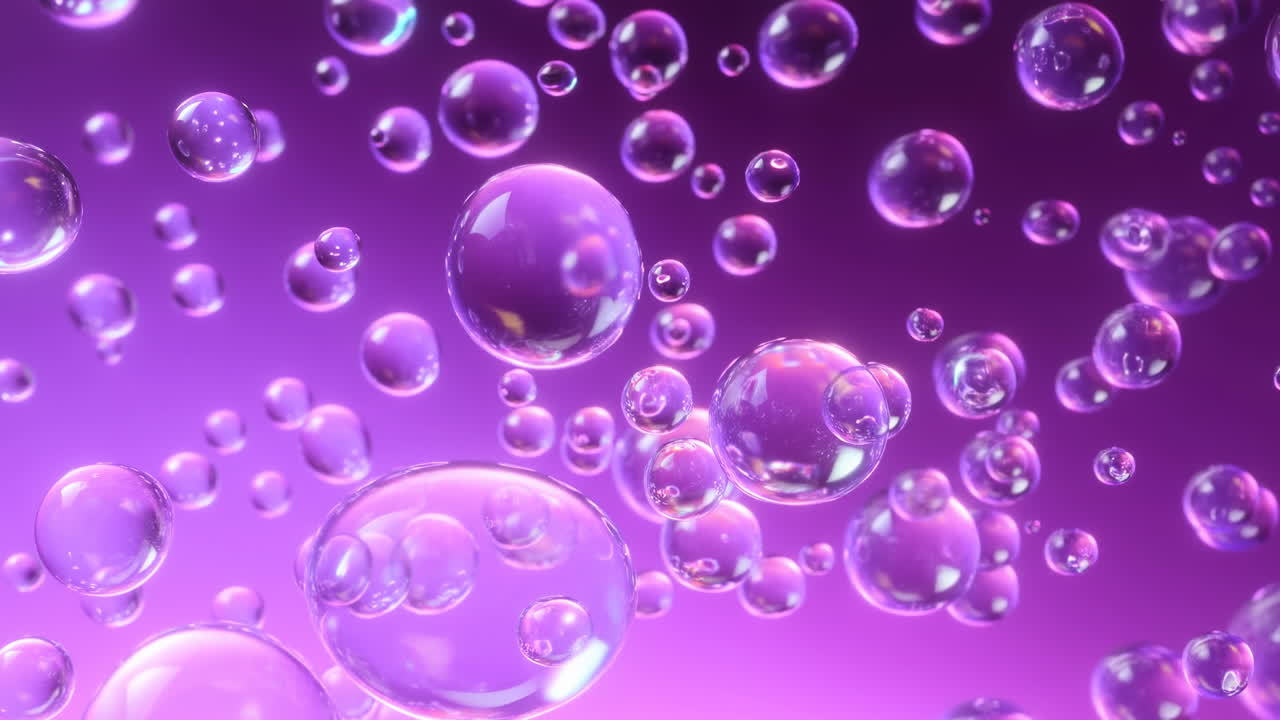 Bolhas Roxas Flutuantes Contra um Cenário Violeta Brilhante, Esferas Translúcidas Deslizando em Luz Suave.