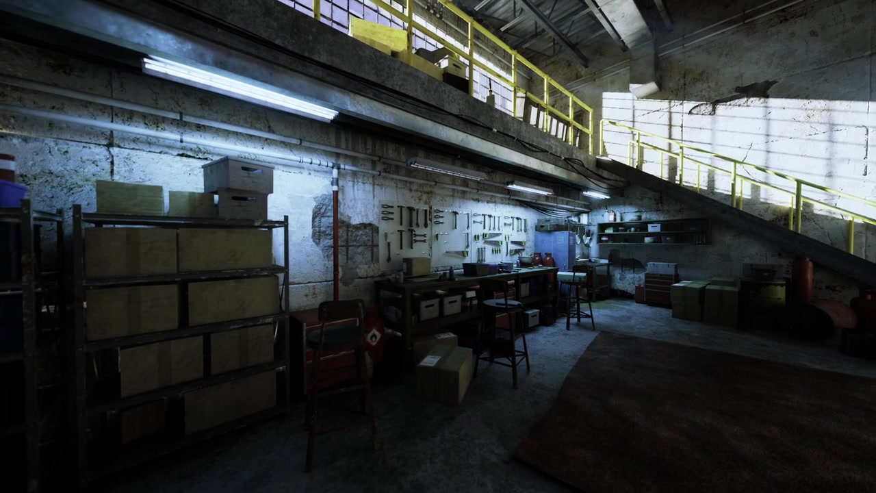 Inside logistics center with subdued lighting and organized stock