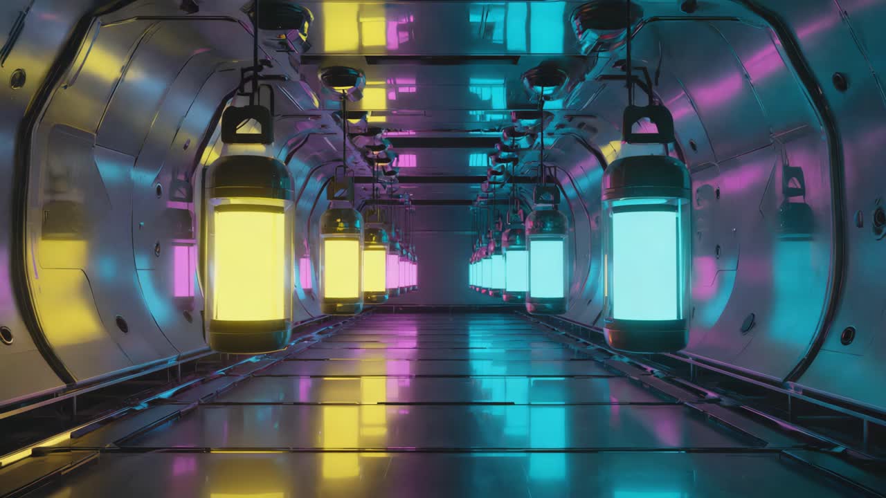 Futuristic Neon Lit Sci-Fi Corridor with Glowing Pods