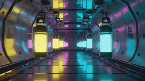futuristic neon lit sci-fi corridor with glowing pods
