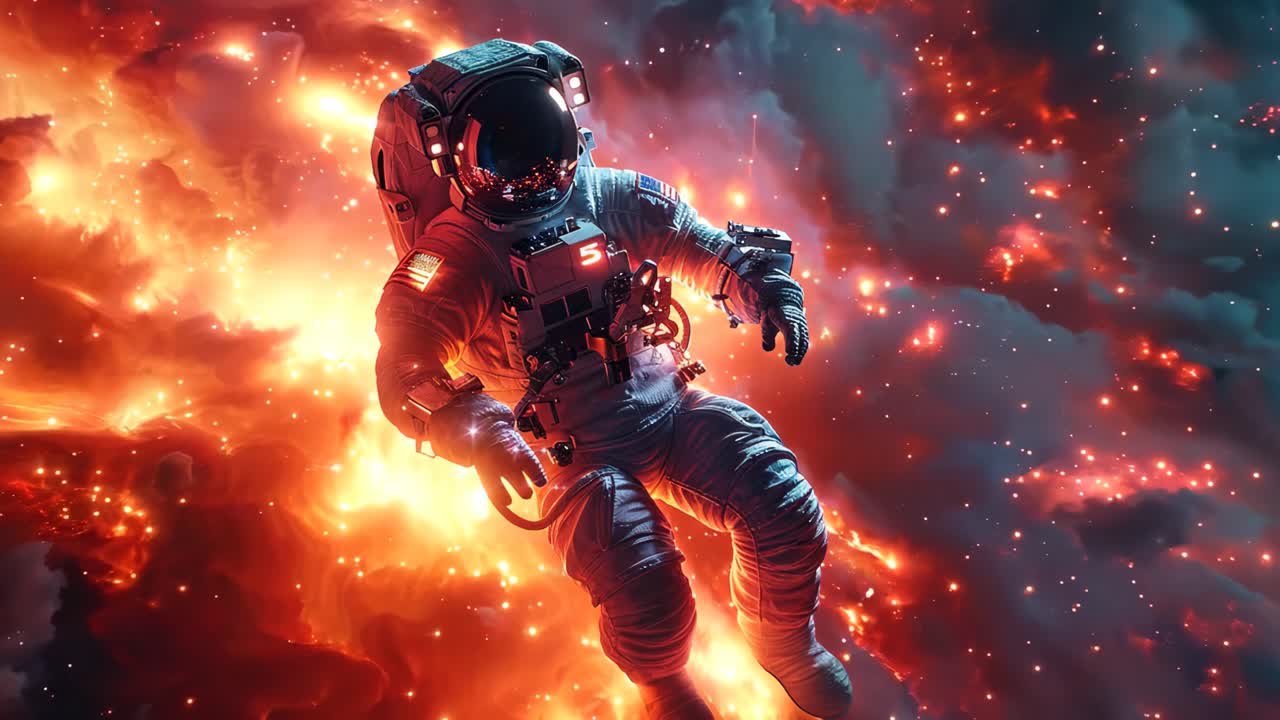 A man in a spacesuit is floating in space. The background is filled with fire and smoke, giving the impression of a dangerous and chaotic environment