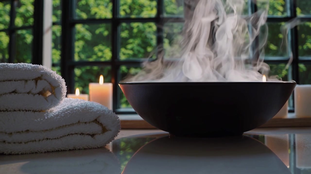 Scène de spa relaxante avec bol fumant, serviettes et bougies allumées