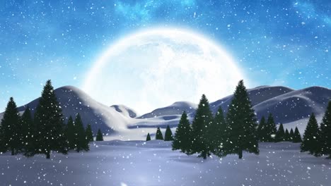 Paisaje-Invernal-Con-Luna-Llena-Y-Nieve-Que-Cae