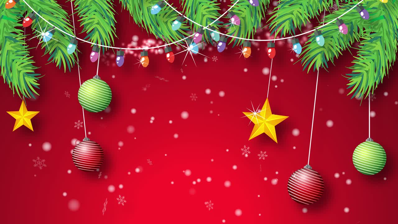 las decoraciones navideñas se balancean suavemente, los copos de nieve caen.