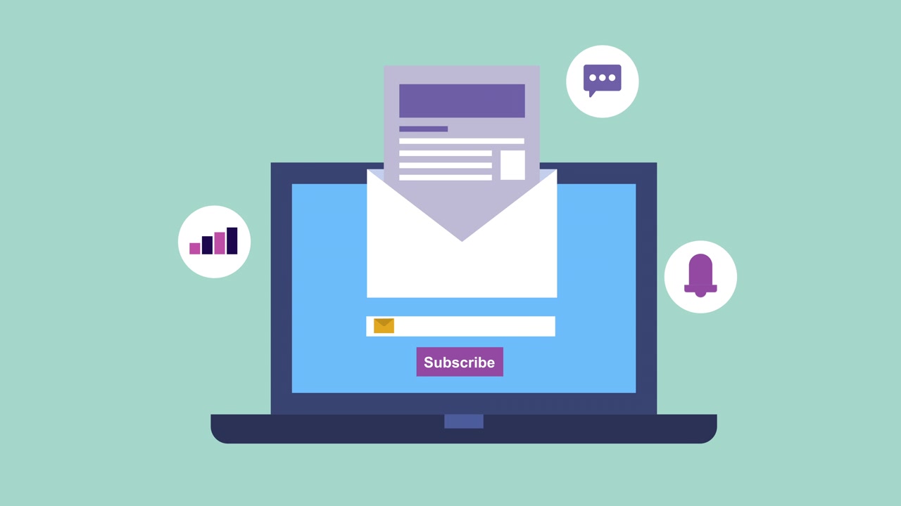 Laptop animato che visualizza icone di iscrizione email e notifica.