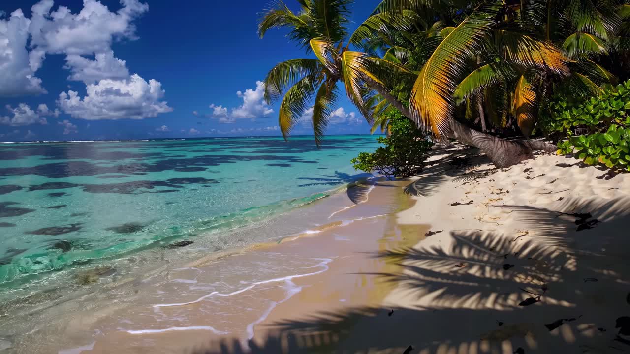 Aerial video view of a tropical beach with clear turquoise water, white sand, and lush palm trees