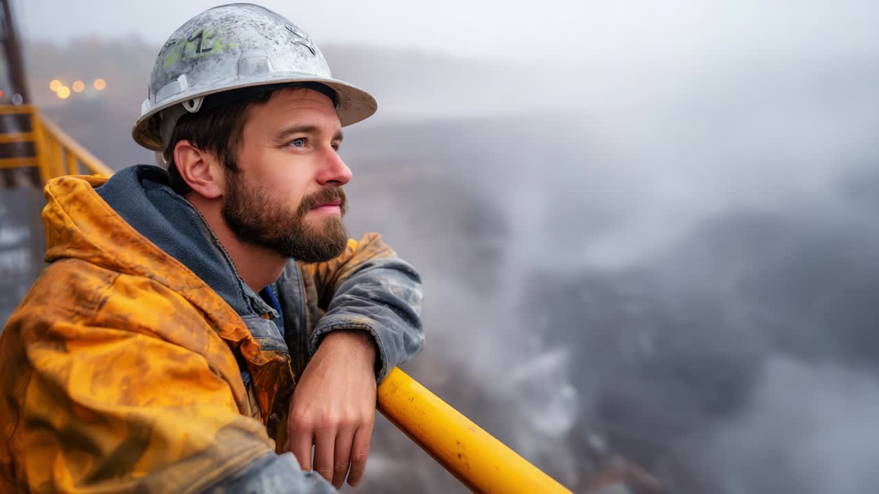 Pensive Worker in Foggy Industrial Setting: Capturing the Contemplative Moment of a Dedicated Laborer Overseeing a Misty Landscape in Work Attire, Highlighting Determination Amidst Nature's Ambiguity