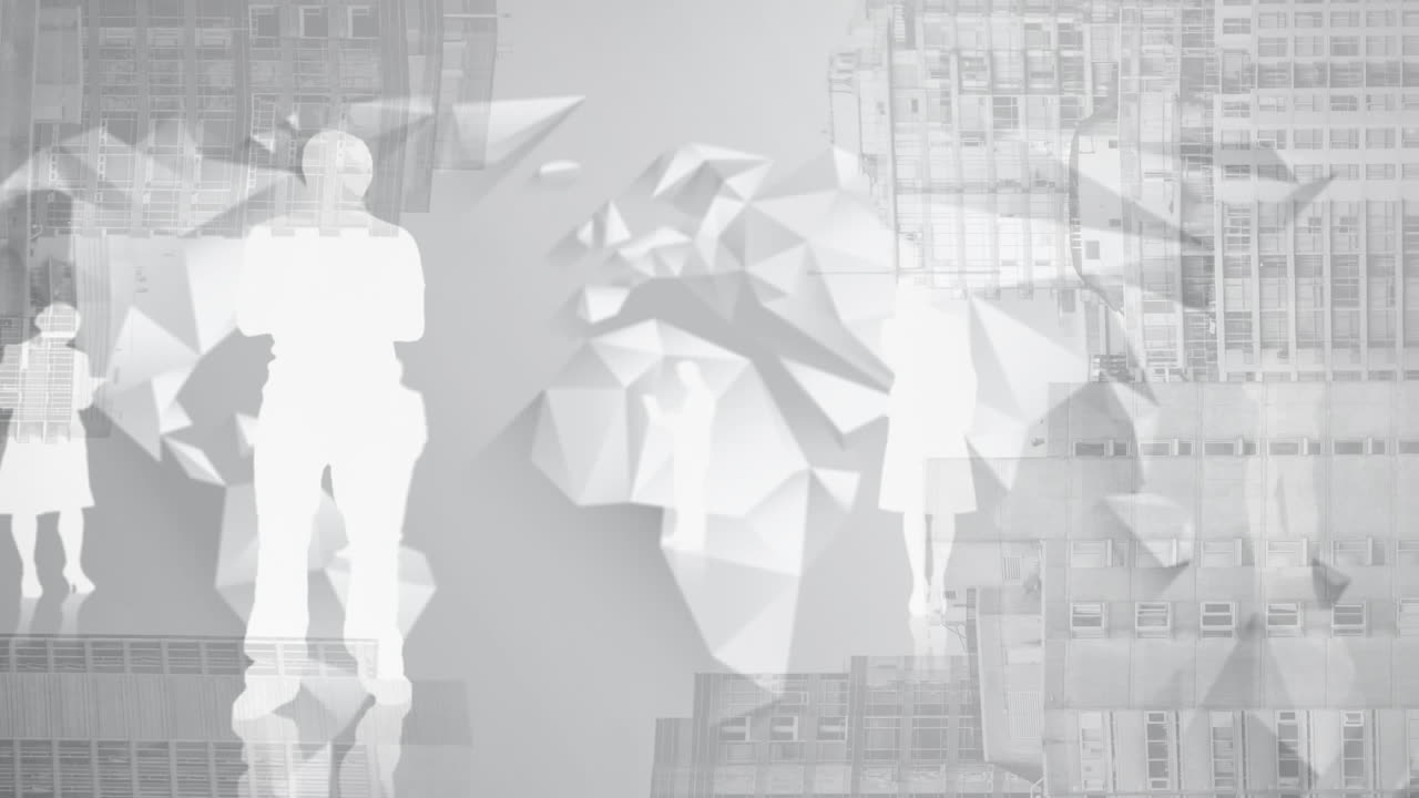 건물 위의 사람들의  그림자와 추상적인 패턴의 애니메이션