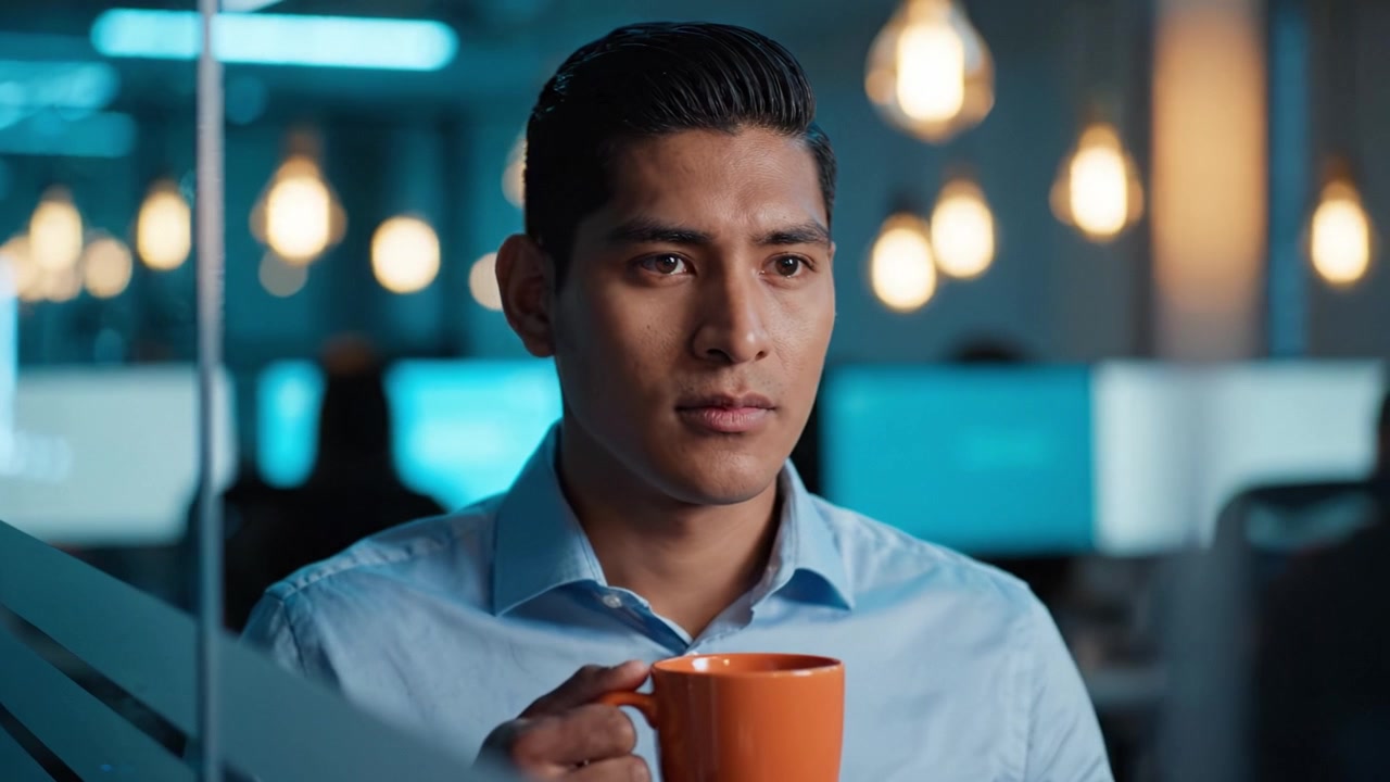 Giovane professionista contemplativo che tiene una tazza di caffè in un ambiente d'ufficio, riflettendo sui propri pensieri mentre è circondato da illuminazione soffusa e tecnologia.