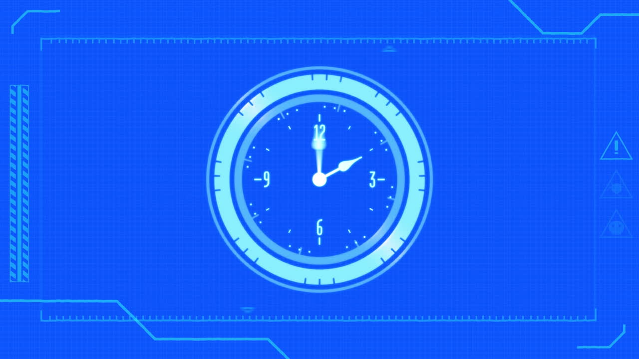 Animation of digital interface and moving clock on blue background