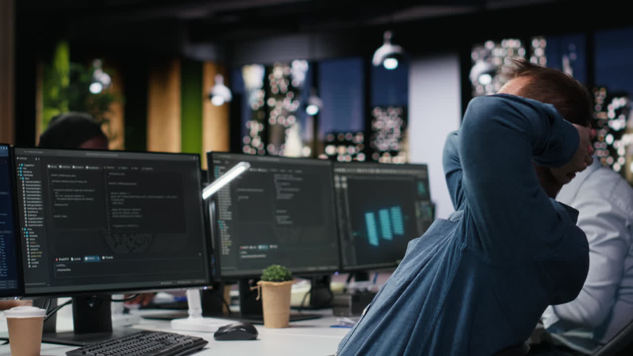 Male Programmer Typing and Stretching at Desk in Modern Office