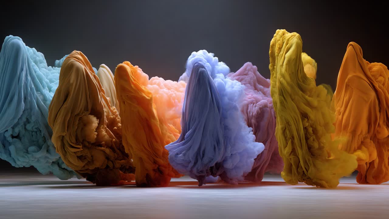 In a mesmerizing dance of colors, vibrant clouds swirl and flow in a captivating display, forming ethereal shapes that evoke a sense of dreamlike beauty and tranquility, painting the air with a rich palette of hues and textures