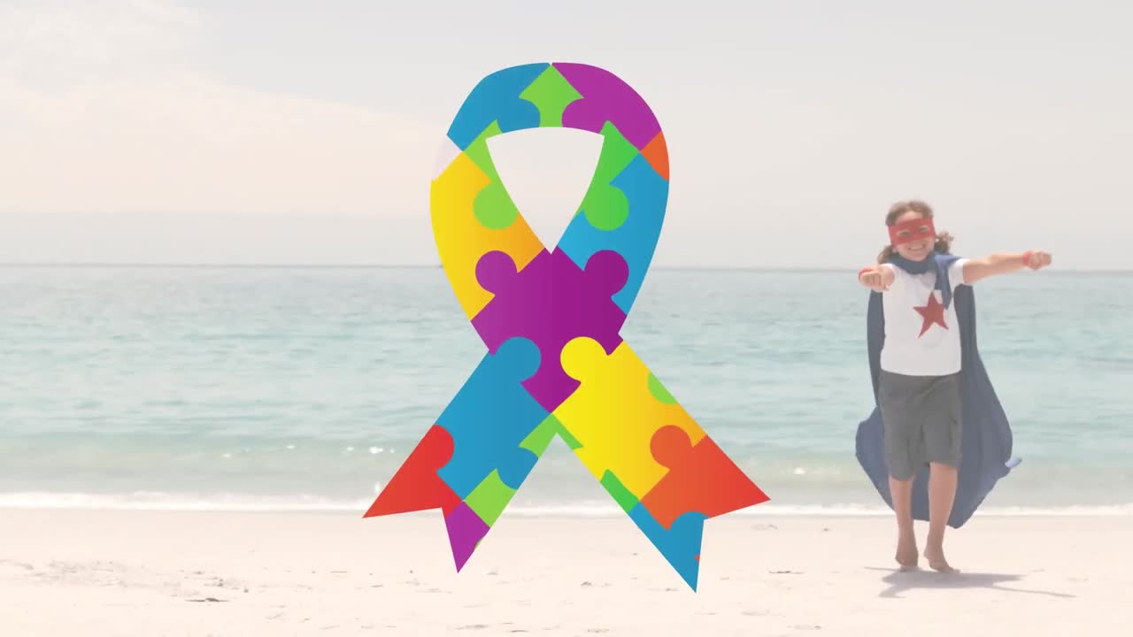 슈퍼히어로 의상을 입은 소년과 함께 자폐증 인식 달의 상징의 애니메이션