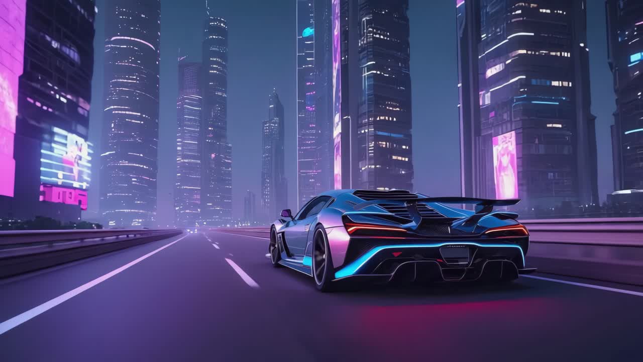 미래의 스포츠카가 밤에 네온 도시를 지나가고 있습니다.