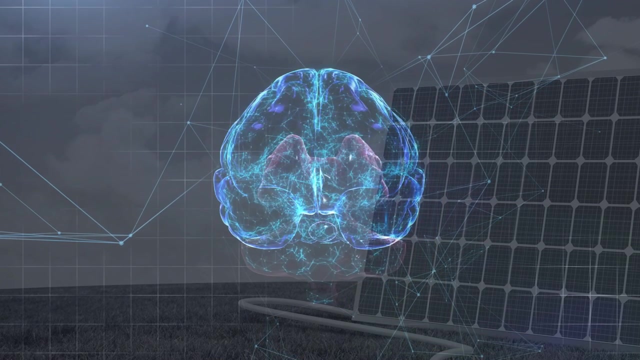Holographic brain appearing on panel signal above coil, rotating, pulsing showing neural activity