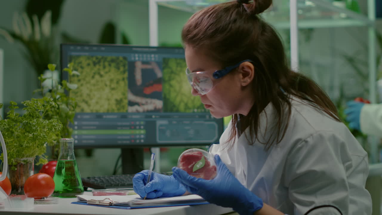 Biologist woman writing medical expertise while holding petri dish with vegan beef meat