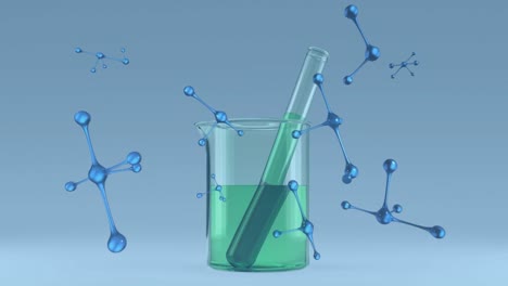 Animation-of-nucleotides-and-liquid-filled-test-tube-in-liquid-filled-beaker-over-blue-background