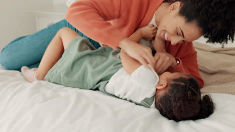 mother, child and love in home bedroom lying