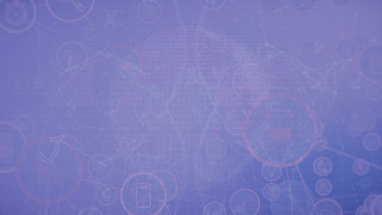 animación del procesamiento de datos e iconos con globo y red de conexiones