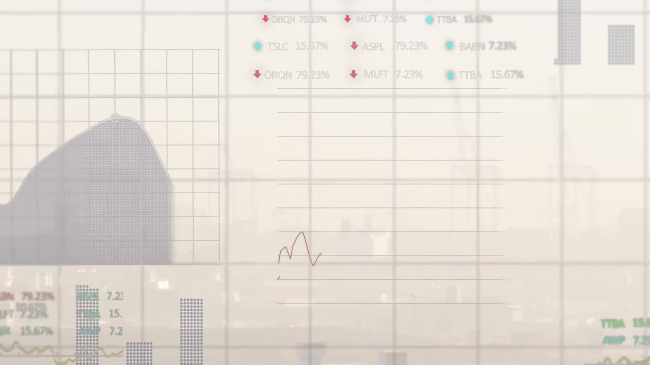 도시 풍경 위의 금융 데이터 처리 애니메이션