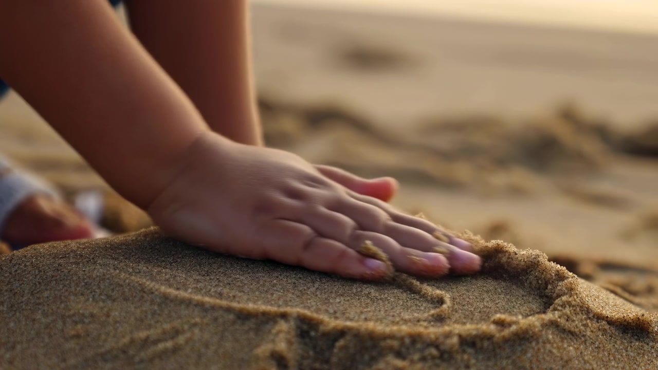 Close low angle view of child hands pressing and smoothing dry beach sand in warm golden sunlight, creating shallow imprints, soft ridges, and tactile texture during calm seaside play
