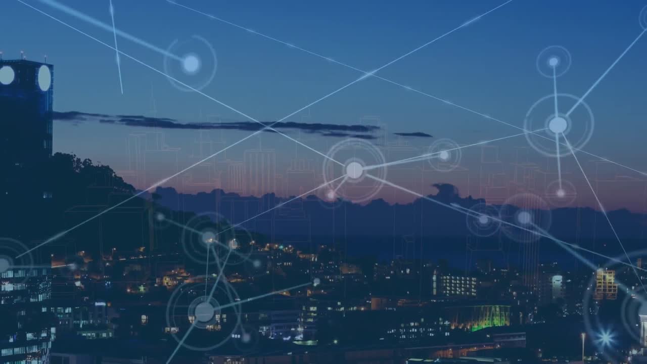 都市風景の夜の空中景色に比べて接続ネットワークのアニメーション