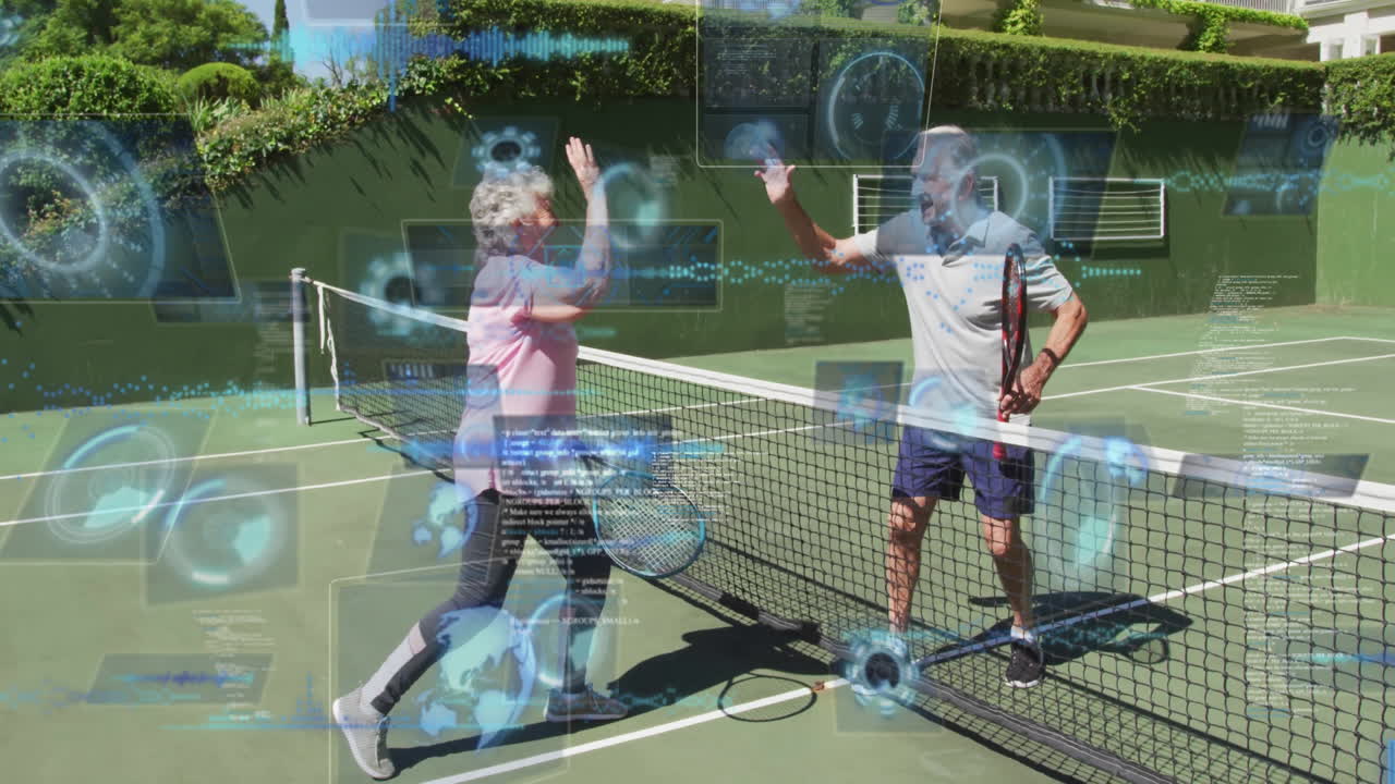 Senior couple exchanging high-five on tennis court with animated heart icon and health chart