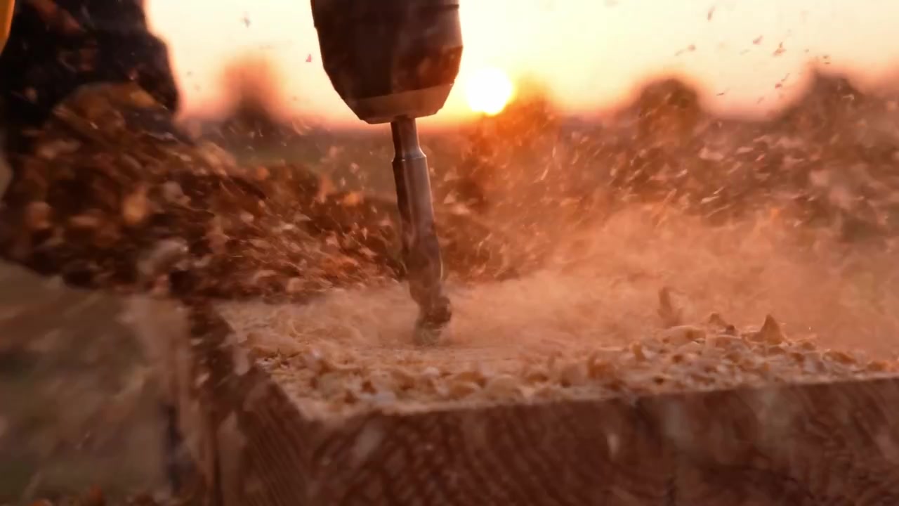 Die Kunst der Holzbearbeitung einfangen: Ein Handwerker bohrt bei Sonnenuntergang in Holz und zeigt bei jedem Handgriff Präzision und Geschick.
