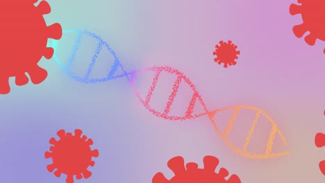 Animation-Von-Sich-Bewegenden-Covid-19-Zellen-Und-Sich-Drehendem-DNA-Strang