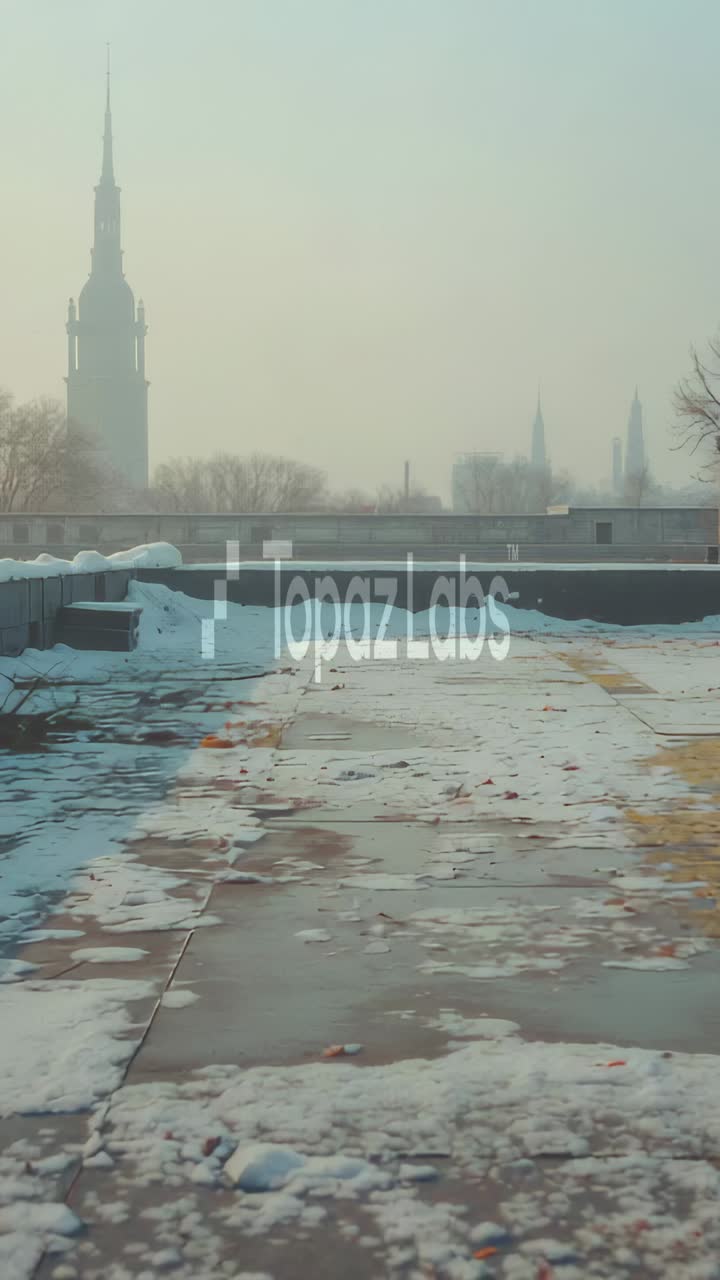 Vertical video: Tilting cam revealing snowy city roof path with puddles, spire, TopazLabs watermark