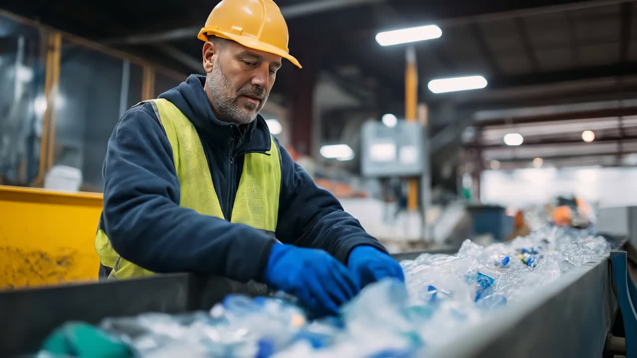 man sorting plastic waste at recycling plant conveyor
