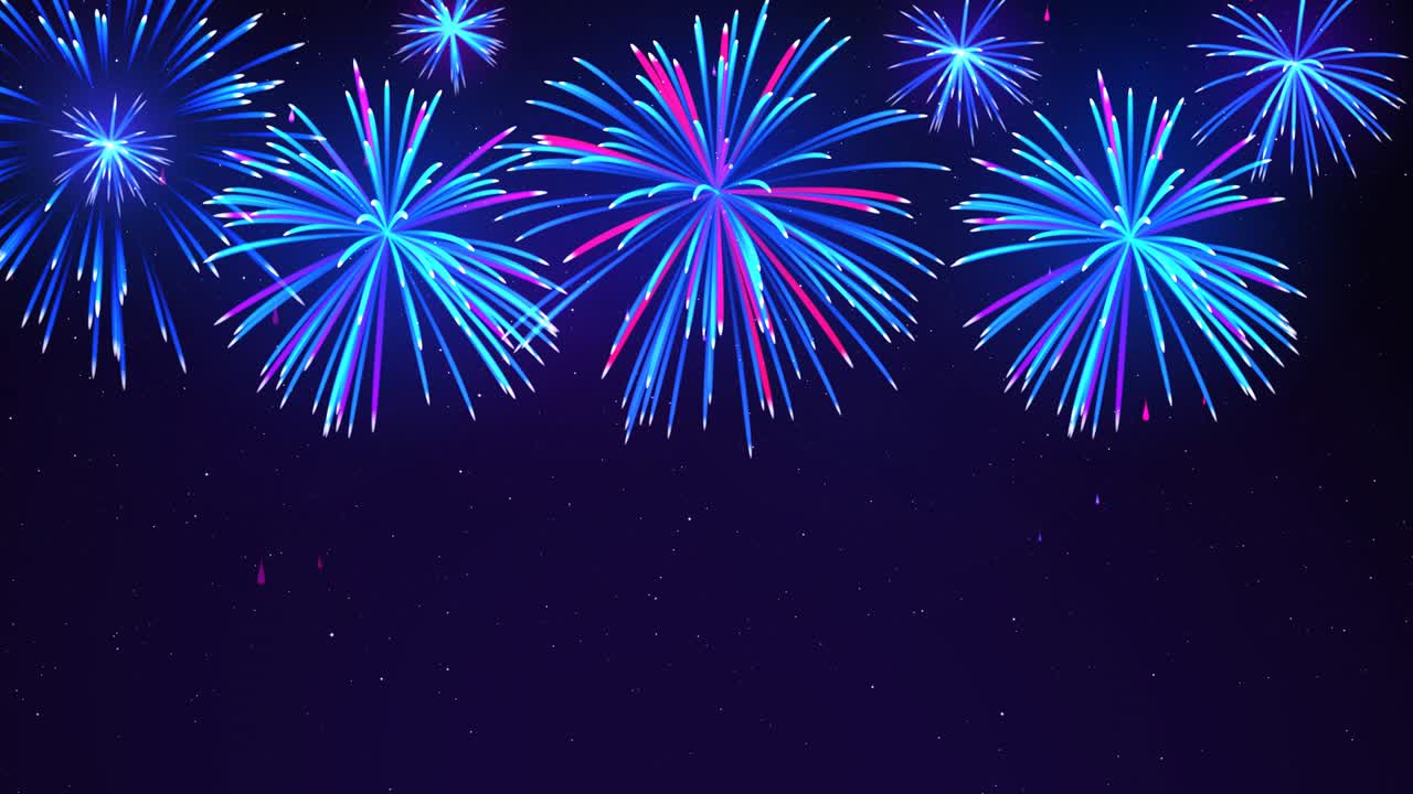Bright fireworks in the night sky with stars. Beautiful festive sky for bright design. Colorful fireworks on a dark blue background. Animated background, seamless loop