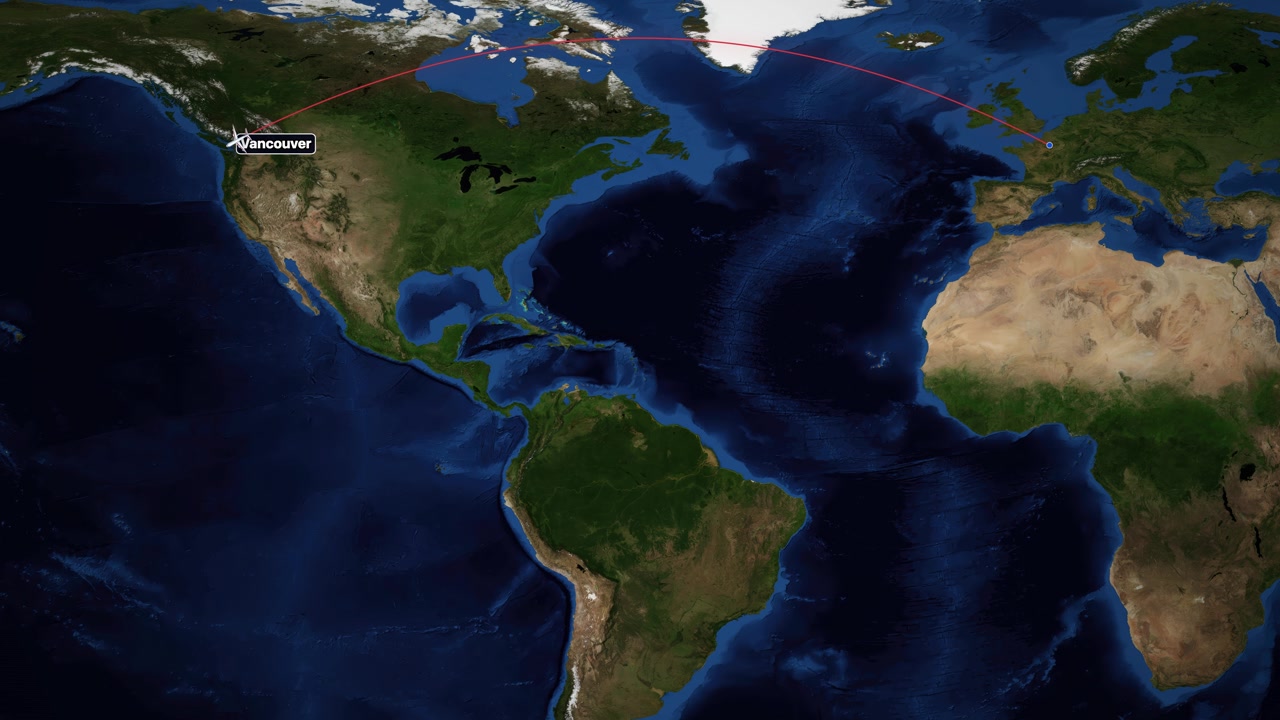 Animación de mapa mundial satelital muestra un avión volando de París a Vancouver a través del Atlántico.