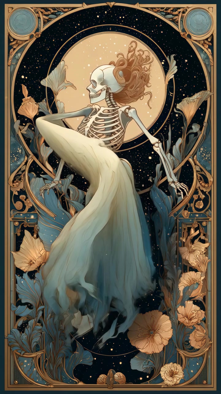 Scheletro di sirena Art Nouveau danzante sotto una luna piena