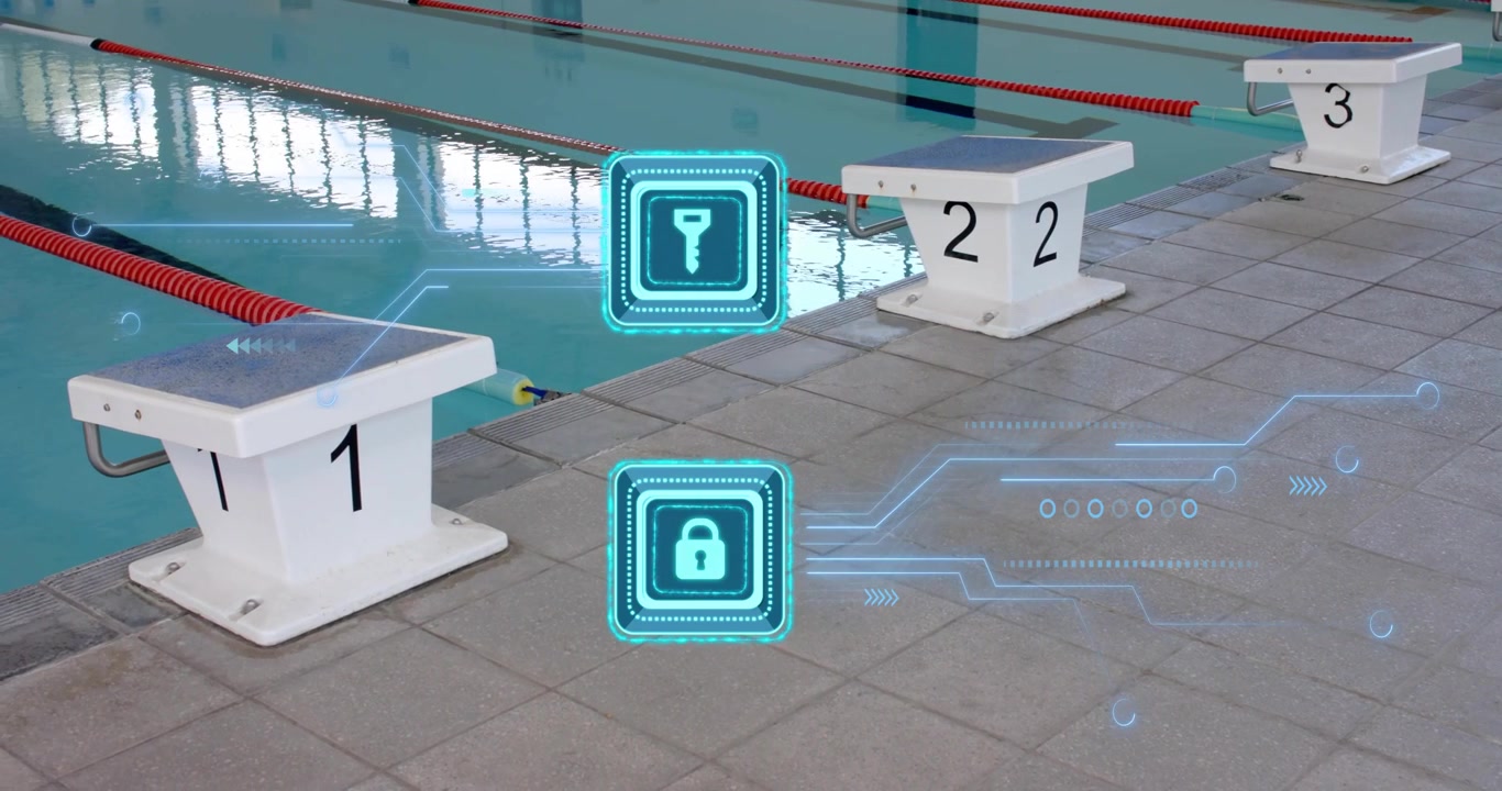 Câmera focando em blocos na beira da piscina e revelando ícones de cadeado de chave holográfica com tecnologia pulsante.