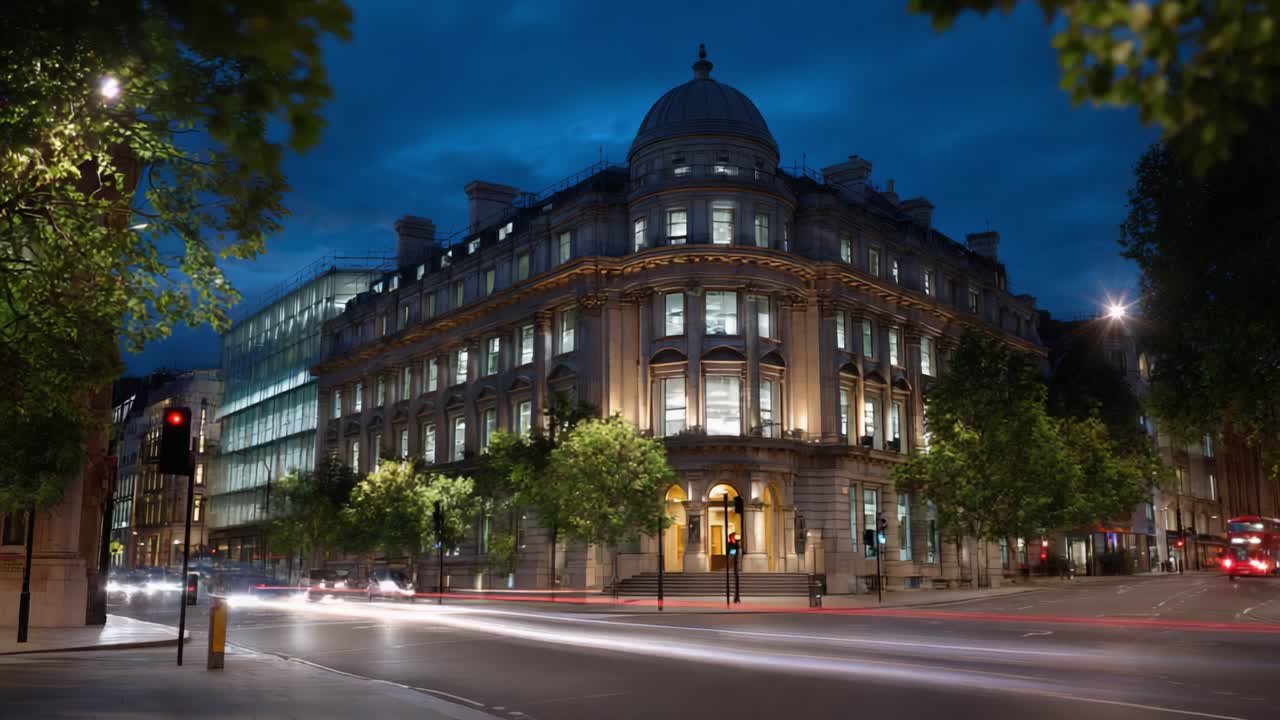 Edificio histórico iluminado al anochecer con arquitectura moderna y farolas, que muestra el contraste entre elementos de diseño antiguos y nuevos