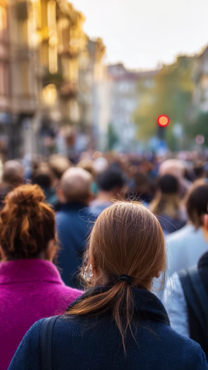 Una folla eterogenea di persone che camminano su una strada trafficata tra sfondi sfocati e colori caldi del tramonto, che evidenzia la vita urbana e il movimento